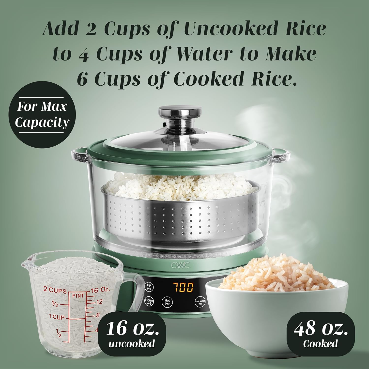 COOK WITH COLOR 3L Glass Mini Low Carb Rice Cooker – Holds 2 Cups Raw-Makes 6 Cups Cooked with Auto Lift Filter Basket, Hotpot & Steamer for Rice, Grains, Digital Panel with Keep Warm, Dark Sage - 8
