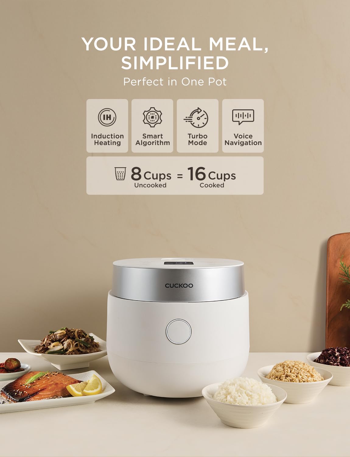 CUCKOO Micom Rice Cooker 8-Cup Uncooked - 16-Cup Cooked with Induction Heating Technology, Versatile Rice Maker with 12 Menu Options and Steam Plate, Voice Guide, White - 2