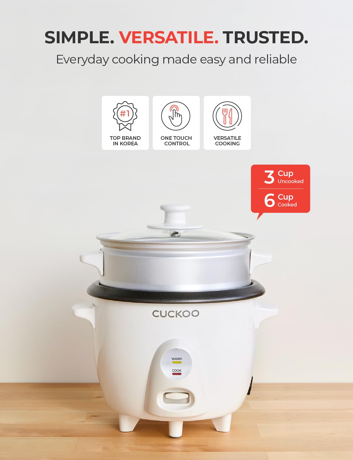 CUCKOO One Touch Rice Cooker 3-Cup (Uncooked) - 6-Cup (Cooked), Mini Rice Cooker & Warmer with Steamer Tray, Versatile Grain Cooker, Soup Maker, Auto Keep Warm, White - 2
