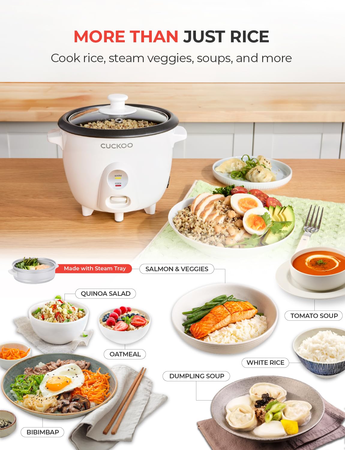 CUCKOO One Touch Rice Cooker 3-Cup (Uncooked) - 6-Cup (Cooked), Mini Rice Cooker & Warmer with Steamer Tray, Versatile Grain Cooker, Soup Maker, Auto Keep Warm, White - 3