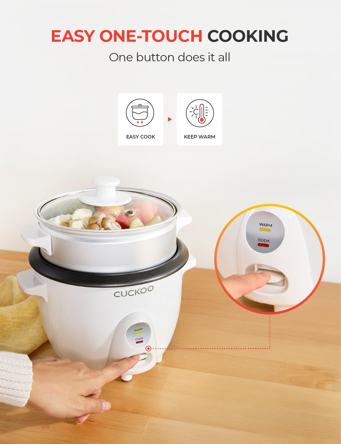 CUCKOO One Touch Rice Cooker 3-Cup (Uncooked) - 6-Cup (Cooked), Mini Rice Cooker & Warmer with Steamer Tray, Versatile Grain Cooker, Soup Maker, Auto Keep Warm, White - 4
