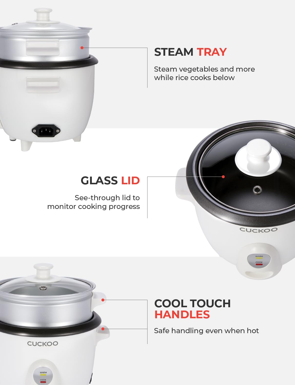 CUCKOO One Touch Rice Cooker 3-Cup (Uncooked) - 6-Cup (Cooked), Mini Rice Cooker & Warmer with Steamer Tray, Versatile Grain Cooker, Soup Maker, Auto Keep Warm, White - 5