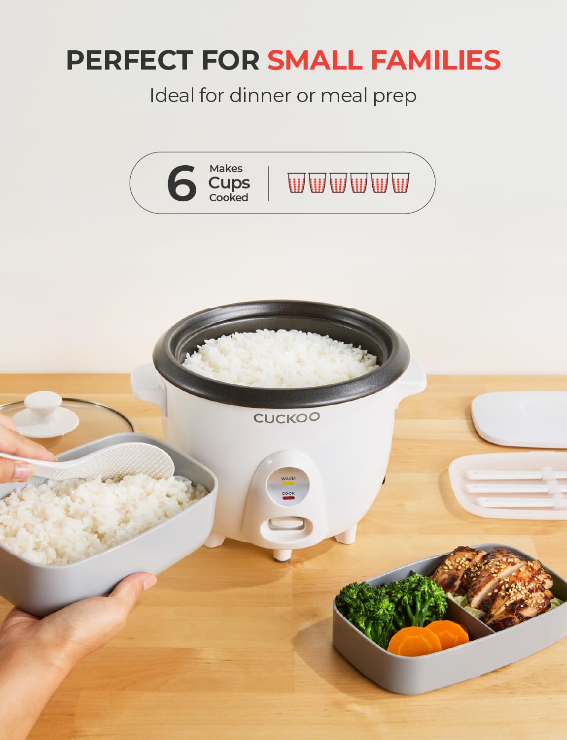 CUCKOO One Touch Rice Cooker 3-Cup (Uncooked) - 6-Cup (Cooked), Mini Rice Cooker & Warmer with Steamer Tray, Versatile Grain Cooker, Soup Maker, Auto Keep Warm, White - 6