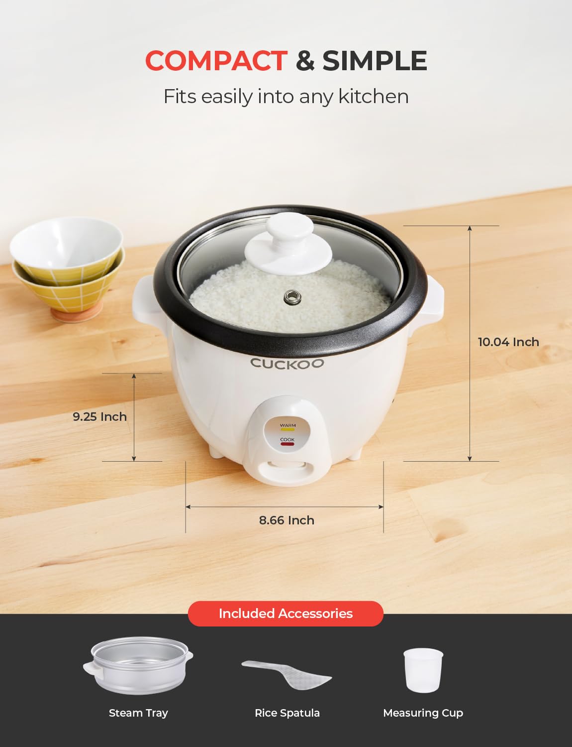 CUCKOO One Touch Rice Cooker 3-Cup (Uncooked) - 6-Cup (Cooked), Mini Rice Cooker & Warmer with Steamer Tray, Versatile Grain Cooker, Soup Maker, Auto Keep Warm, White - 7