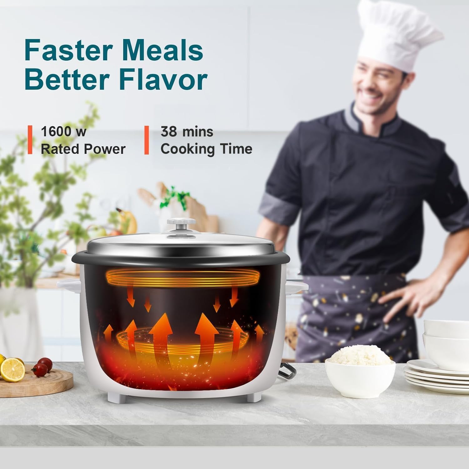 Commercial Rice Cooker, Large Capacity 30-Cup (UnCooked), 60-Cup (Cooked) with One Touch Operation and 12-Hour Keep Warm, Easy to Use and clean, 1600W, White - 3