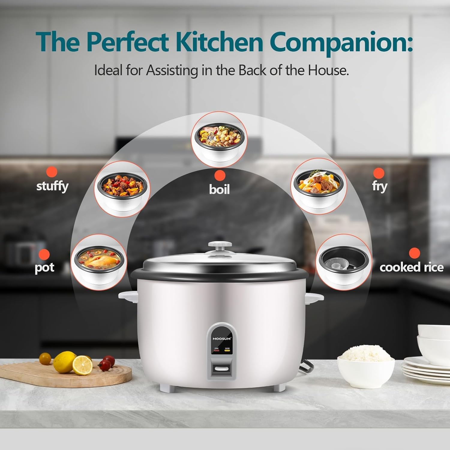 Commercial Rice Cooker, Large Capacity 30-Cup (UnCooked), 60-Cup (Cooked) with One Touch Operation and 12-Hour Keep Warm, Easy to Use and clean, 1600W, White - 4