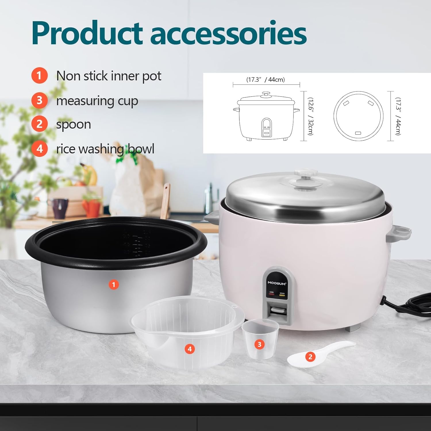 Commercial Rice Cooker, Large Capacity 30-Cup (UnCooked), 60-Cup (Cooked) with One Touch Operation and 12-Hour Keep Warm, Easy to Use and clean, 1600W, White - 5