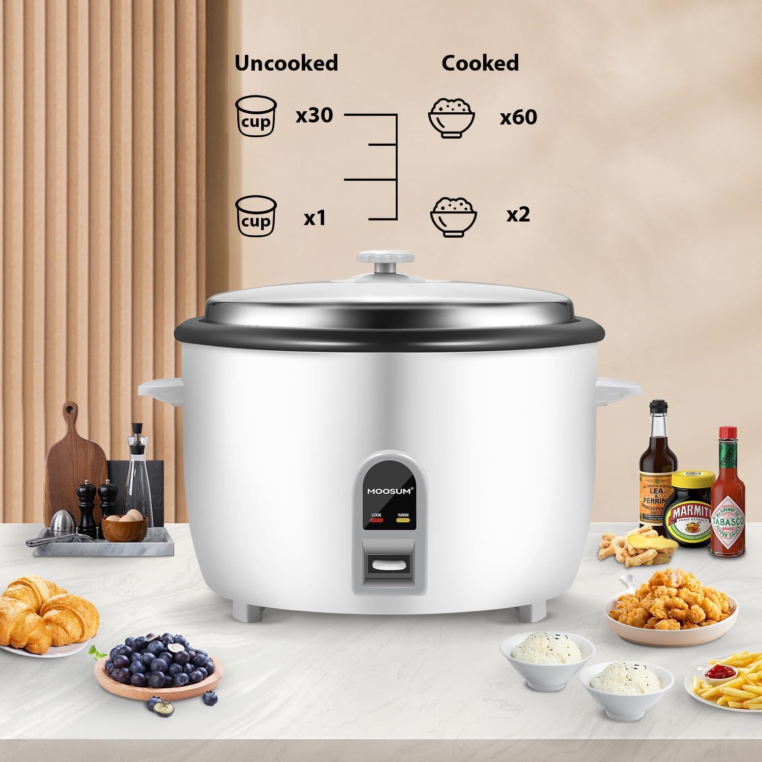 Commercial Rice Cooker, Large Capacity 30-Cup (UnCooked), 60-Cup (Cooked) with One Touch Operation and 12-Hour Keep Warm, Easy to Use and clean, 1600W, White - 6