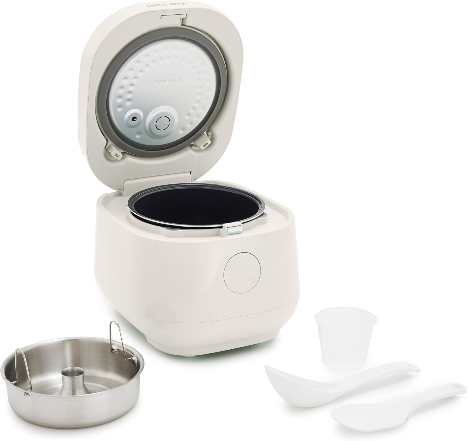 GreenPan Rice Cooker, 8 Cups Cooked, Low-Carb & Soup Mode,10 ONE-TOUCH Cooking Presets, PFAS-Free Ceramic Steamer Basket, Fuzzy Logic, Auto Keep Warm, Oats, 24HR Delay Timer, Cream - 1