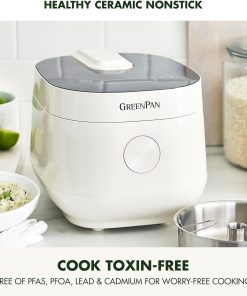 GreenPan Rice Cooker, 8 Cups Cooked, Low-Carb & Soup Mode,10 ONE-TOUCH Cooking Presets, PFAS-Free Ceramic Steamer Basket, Fuzzy Logic, Auto Keep Warm, Oats, 24HR Delay Timer, Cream - 3