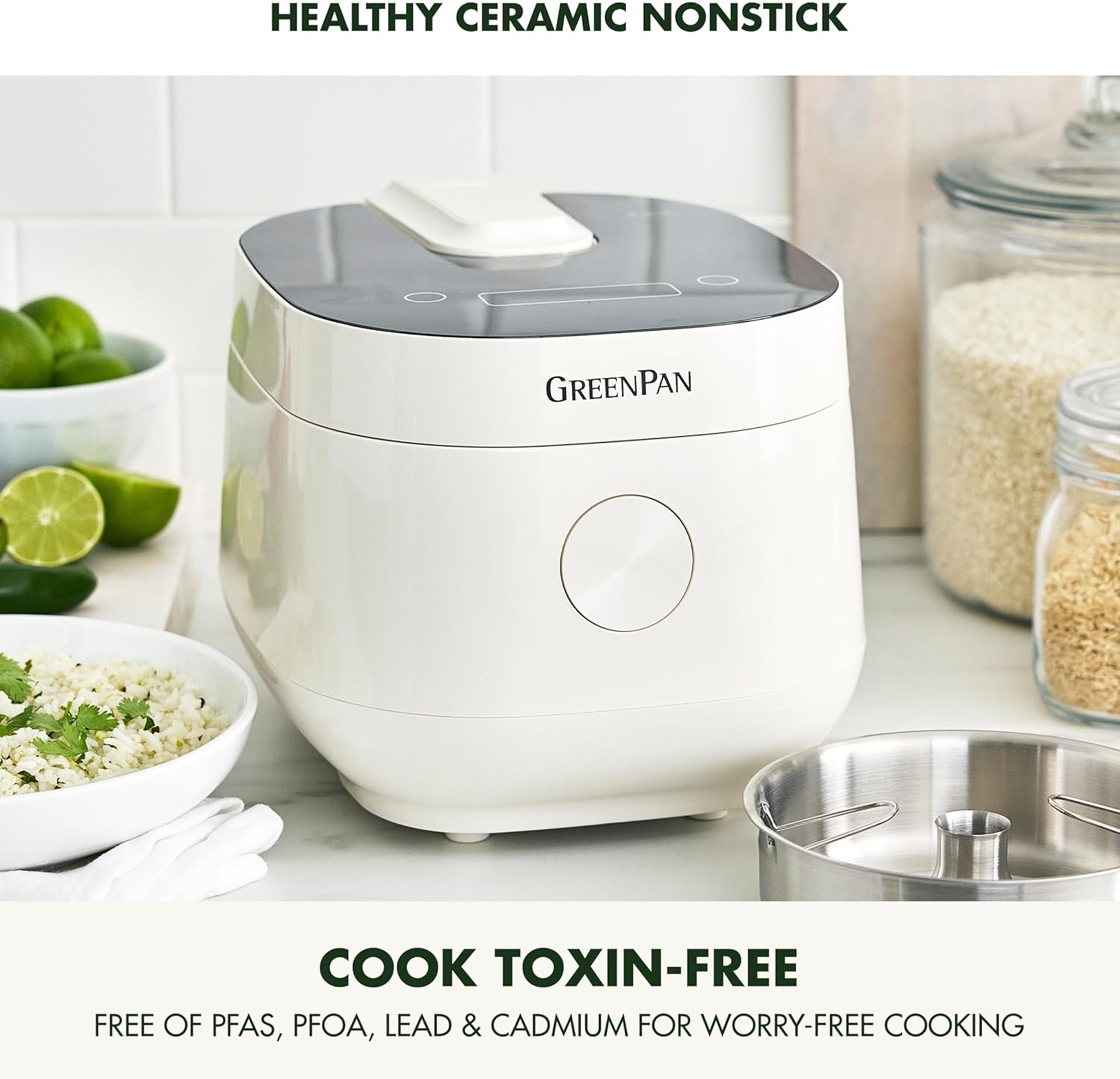 GreenPan Rice Cooker, 8 Cups Cooked, Low-Carb & Soup Mode,10 ONE-TOUCH Cooking Presets, PFAS-Free Ceramic Steamer Basket, Fuzzy Logic, Auto Keep Warm, Oats, 24HR Delay Timer, Cream - 3