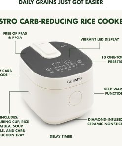 GreenPan Rice Cooker, 8 Cups Cooked, Low-Carb & Soup Mode,10 ONE-TOUCH Cooking Presets, PFAS-Free Ceramic Steamer Basket, Fuzzy Logic, Auto Keep Warm, Oats, 24HR Delay Timer, Cream - 4