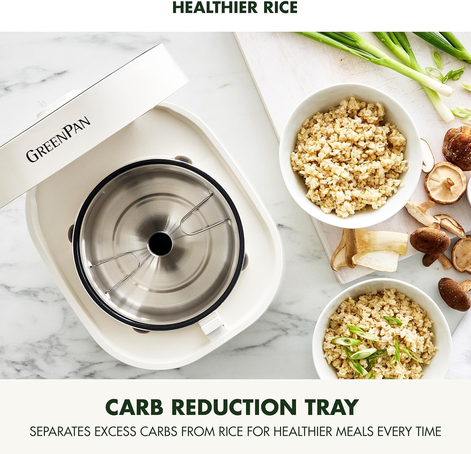 GreenPan Rice Cooker, 8 Cups Cooked, Low-Carb & Soup Mode,10 ONE-TOUCH Cooking Presets, PFAS-Free Ceramic Steamer Basket, Fuzzy Logic, Auto Keep Warm, Oats, 24HR Delay Timer, Cream - 7