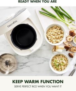 GreenPan Rice Cooker, 8 Cups Cooked, Low-Carb & Soup Mode,10 ONE-TOUCH Cooking Presets, PFAS-Free Ceramic Steamer Basket, Fuzzy Logic, Auto Keep Warm, Oats, 24HR Delay Timer, Cream - 8