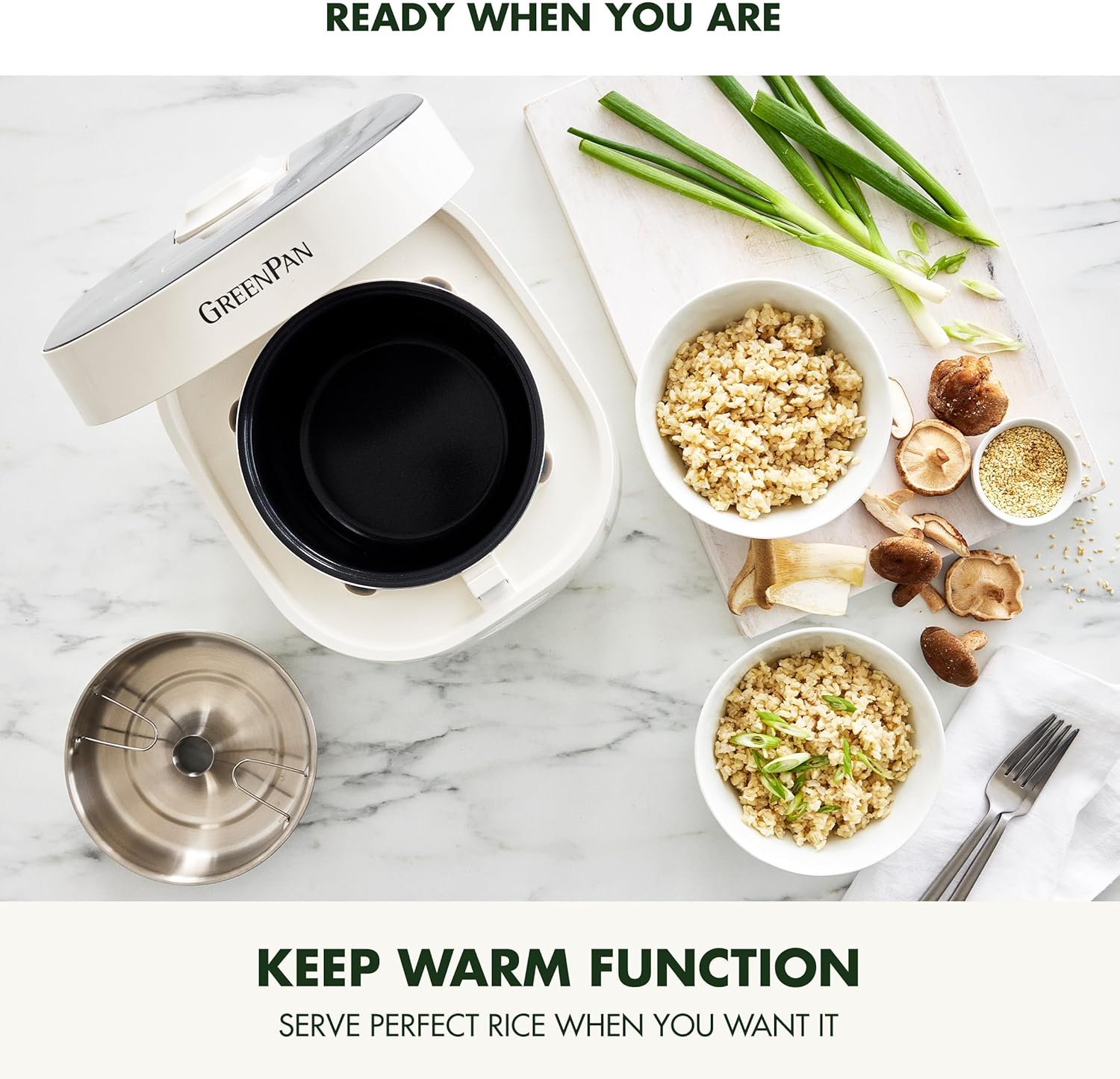 GreenPan Rice Cooker, 8 Cups Cooked, Low-Carb & Soup Mode,10 ONE-TOUCH Cooking Presets, PFAS-Free Ceramic Steamer Basket, Fuzzy Logic, Auto Keep Warm, Oats, 24HR Delay Timer, Cream - 8