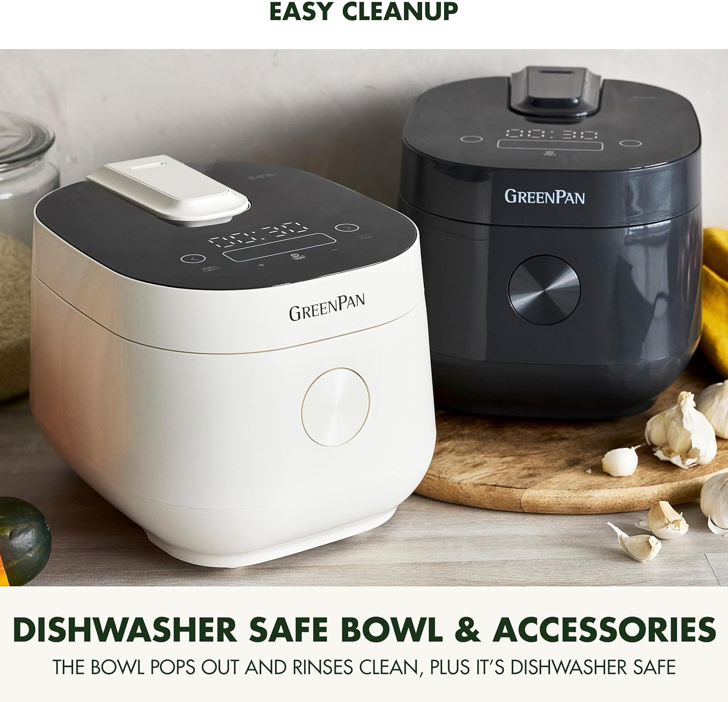 GreenPan Rice Cooker, 8 Cups Cooked, Low-Carb & Soup Mode,10 ONE-TOUCH Cooking Presets, PFAS-Free Ceramic Steamer Basket, Fuzzy Logic, Auto Keep Warm, Oats, 24HR Delay Timer, Cream - 9