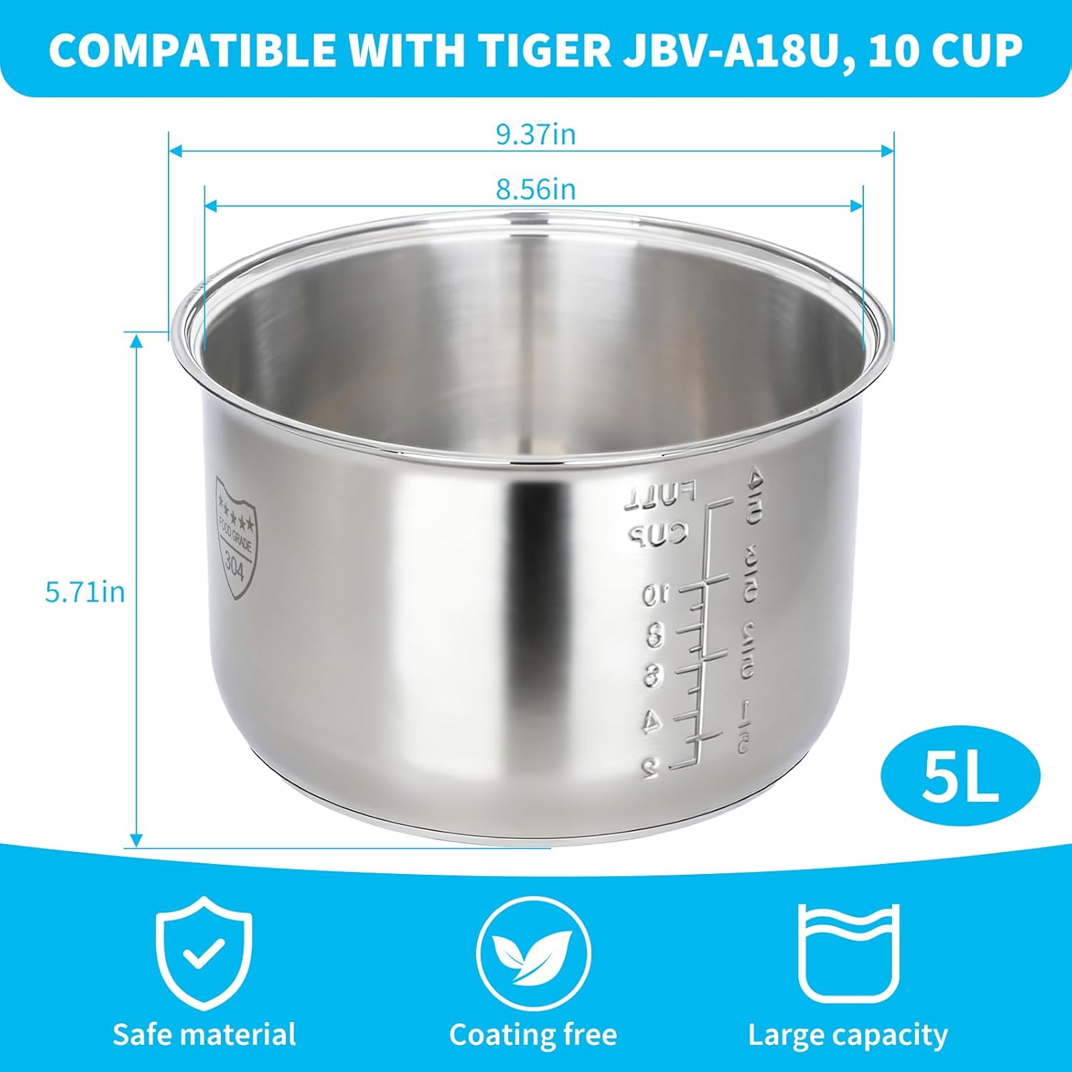 Rice Cooker 10 Cup Inner Pot Compatible with Tiger JBV-A18U, Non-Stick 304 Stainless Steel, Rice Cooker Rplacement Pot, Dishwasher Safe - 2