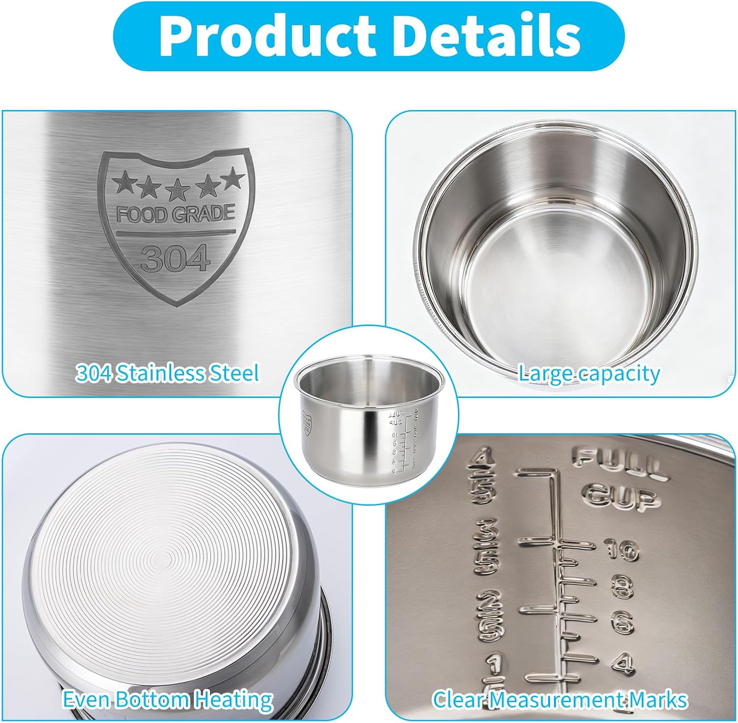 Rice Cooker 10 Cup Inner Pot Compatible with Tiger JBV-A18U, Non-Stick 304 Stainless Steel, Rice Cooker Rplacement Pot, Dishwasher Safe - 3