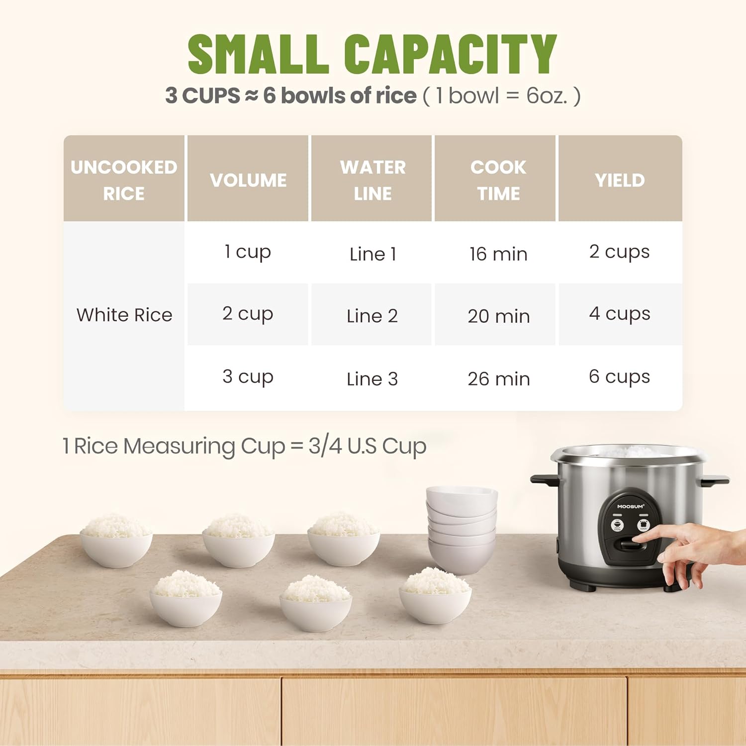 3-Cup Uncooked Rice Cooker Small, Stainless Steel Non-Toxic Inner Pot, One-Touch Multifunction for Rice/Sauté/Yogurt, Dishwasher Safe, 1-3 People Size, Silver - Image 3
