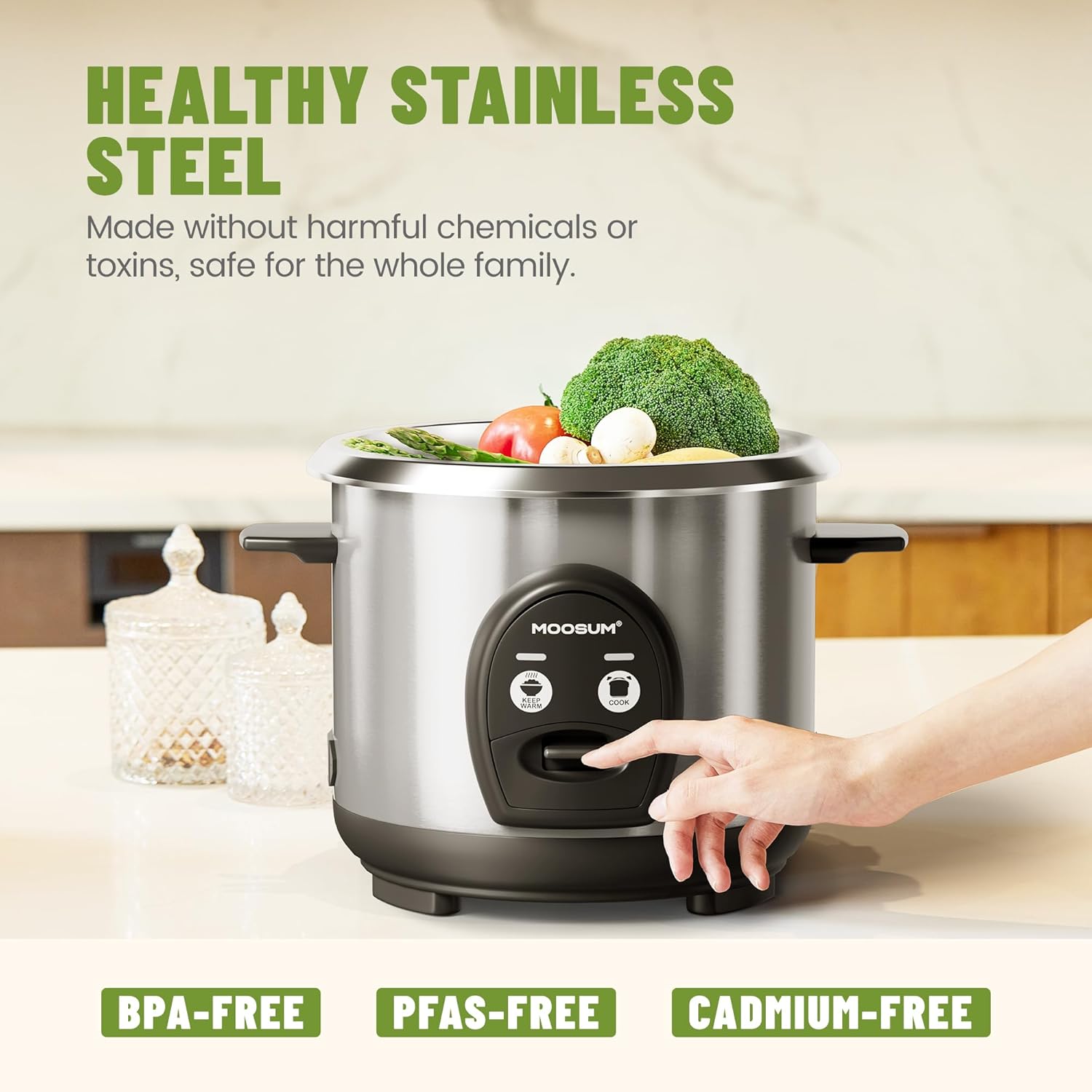 3-Cup Uncooked Rice Cooker Small, Stainless Steel Non-Toxic Inner Pot, One-Touch Multifunction for Rice/Sauté/Yogurt, Dishwasher Safe, 1-3 People Size, Silver - Image 4