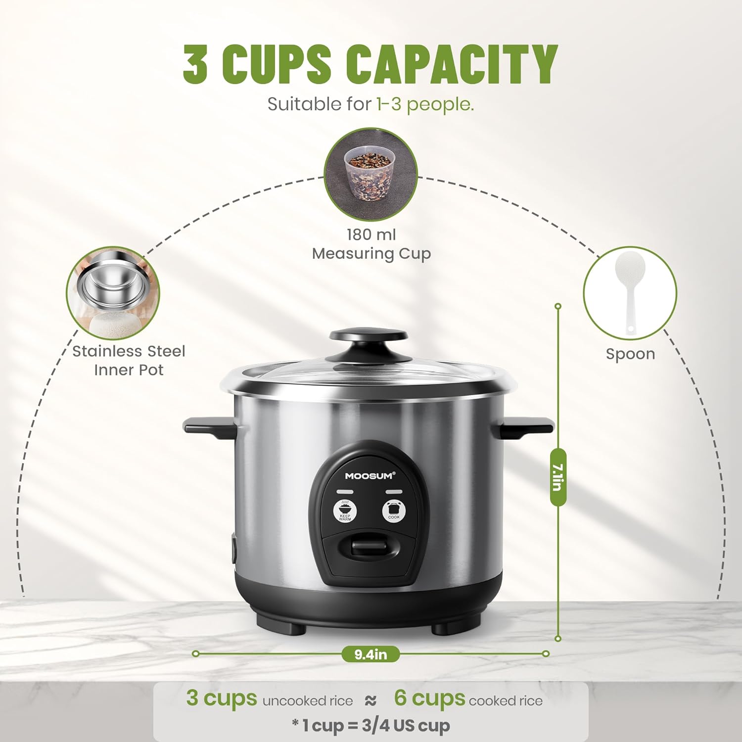 3-Cup Uncooked Rice Cooker Small, Stainless Steel Non-Toxic Inner Pot, One-Touch Multifunction for Rice/Sauté/Yogurt, Dishwasher Safe, 1-3 People Size, Silver - Image 6