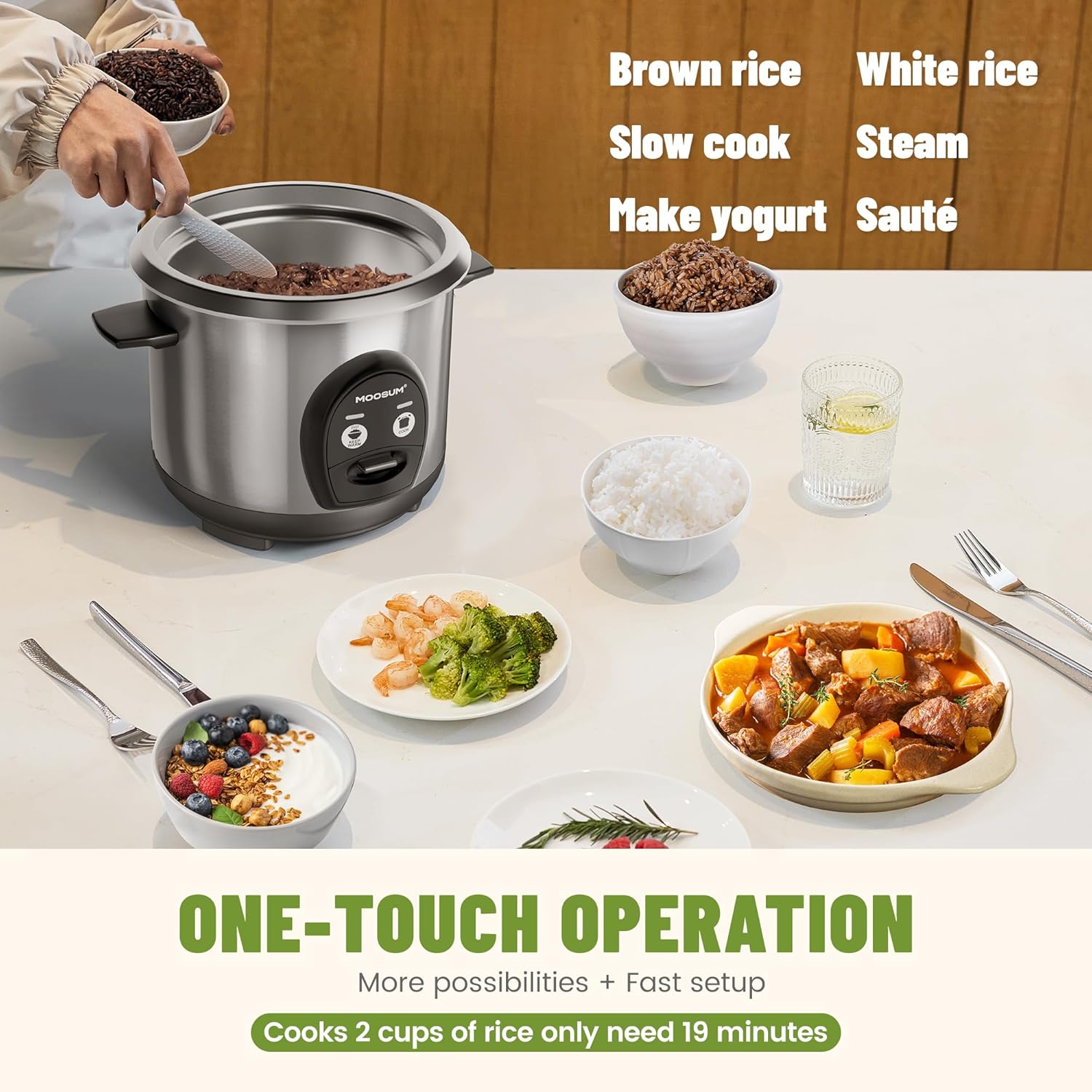 3-Cup Uncooked Rice Cooker Small, Stainless Steel Non-Toxic Inner Pot, One-Touch Multifunction for Rice/Sauté/Yogurt, Dishwasher Safe, 1-3 People Size, Silver - Image 5