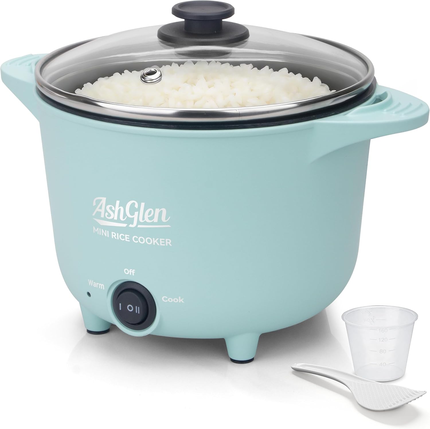 AshGlen Small Rice Cooker 2-Cup uncooked- 4-Cup Cooked, Mini Hot Pot Electric, Mini Electric Pot, Ceramic Rice Cooker, Small Rice Steamer, Noodle & Oatmeal Cooker, Dual Modes, Single Serve, Aqua - 1
