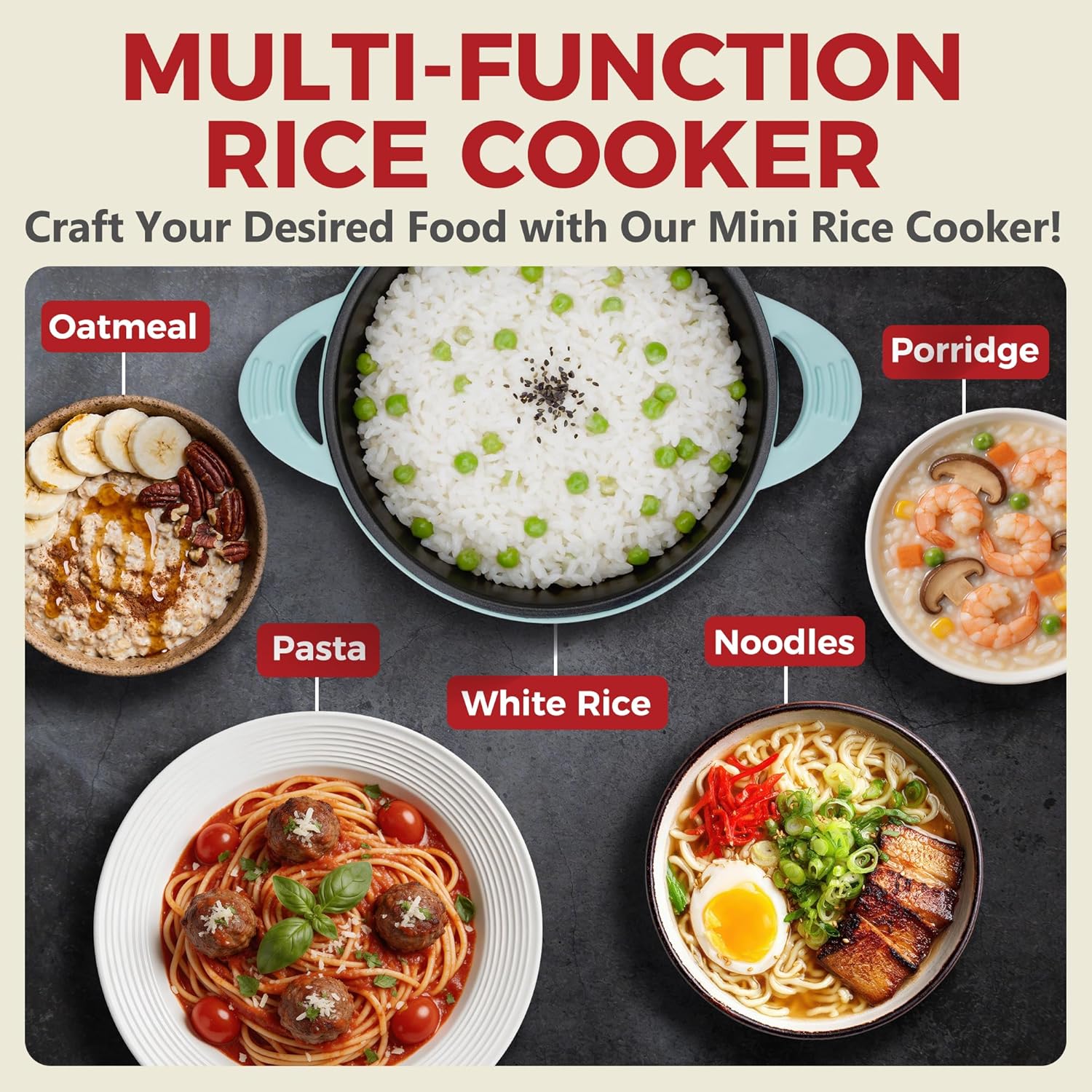 AshGlen Small Rice Cooker 2-Cup uncooked/ 4-Cup Cooked, Mini Hot Pot Electric, Mini Electric Pot, Ceramic Rice Cooker, Small Rice Steamer, Noodle & Oatmeal Cooker, Dual Modes, Single Serve, Aqua - Image 3