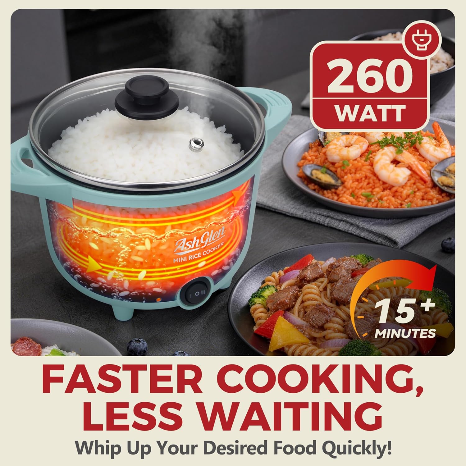 AshGlen Small Rice Cooker 2-Cup uncooked/ 4-Cup Cooked, Mini Hot Pot Electric, Mini Electric Pot, Ceramic Rice Cooker, Small Rice Steamer, Noodle & Oatmeal Cooker, Dual Modes, Single Serve, Aqua - Image 4