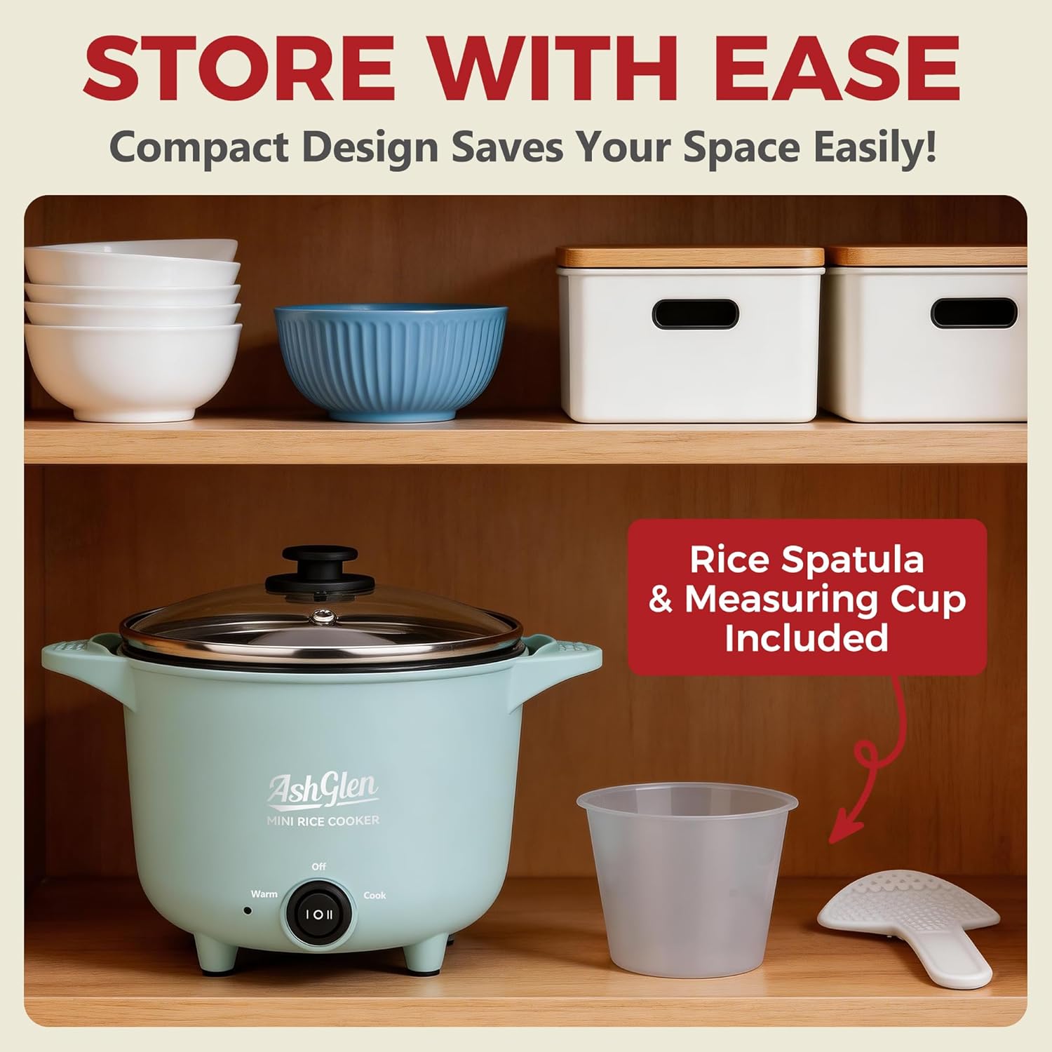 AshGlen Small Rice Cooker 2-Cup uncooked/ 4-Cup Cooked, Mini Hot Pot Electric, Mini Electric Pot, Ceramic Rice Cooker, Small Rice Steamer, Noodle & Oatmeal Cooker, Dual Modes, Single Serve, Aqua - Image 6