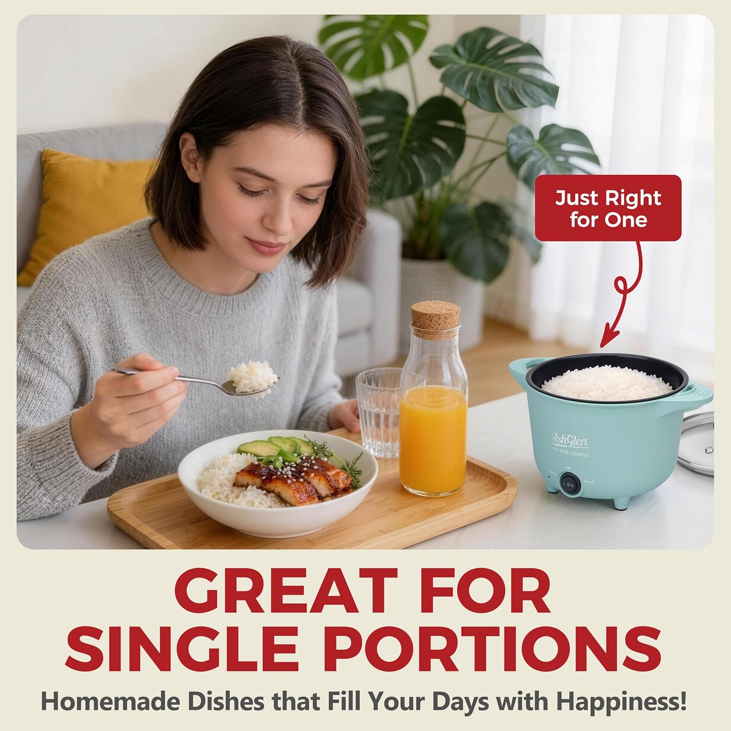 AshGlen Small Rice Cooker 2-Cup uncooked/ 4-Cup Cooked, Mini Hot Pot Electric, Mini Electric Pot, Ceramic Rice Cooker, Small Rice Steamer, Noodle & Oatmeal Cooker, Dual Modes, Single Serve, Aqua - Image 8