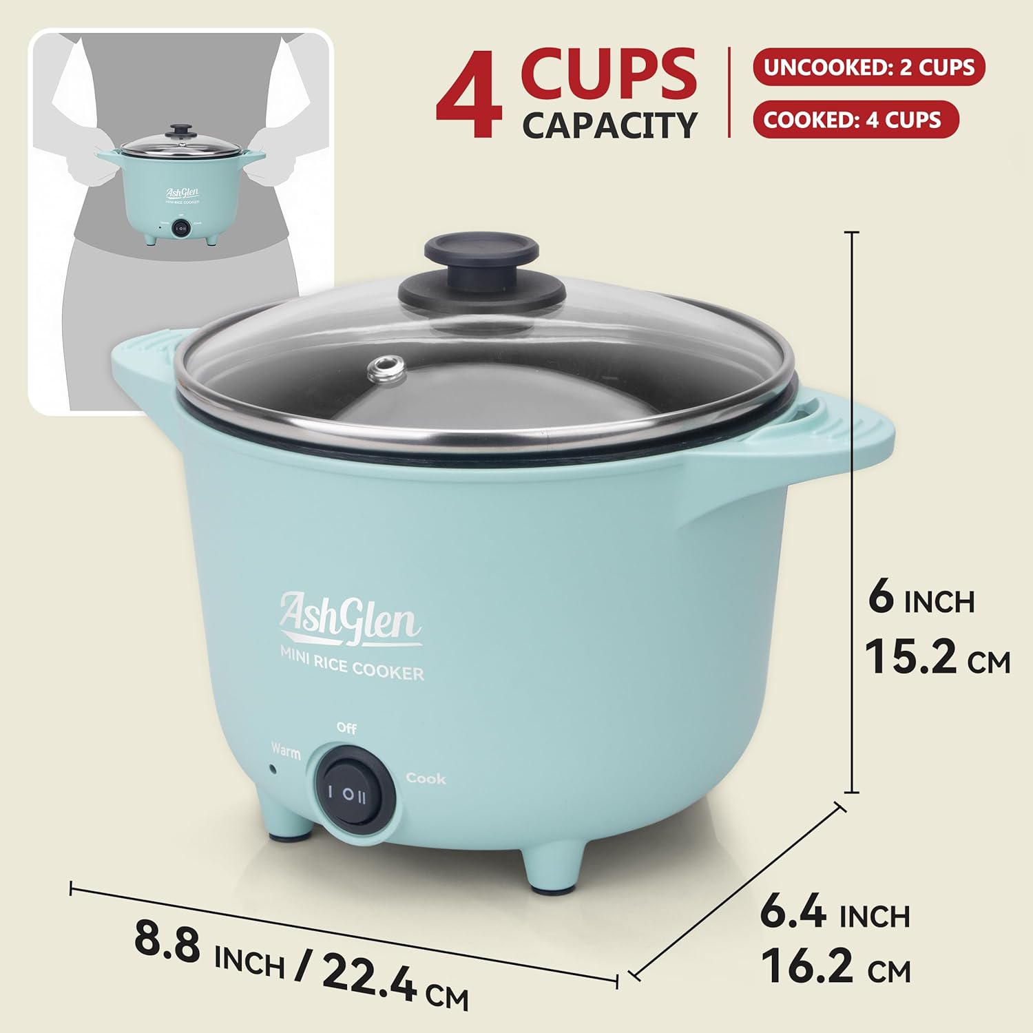 AshGlen Small Rice Cooker 2-Cup uncooked/ 4-Cup Cooked, Mini Hot Pot Electric, Mini Electric Pot, Ceramic Rice Cooker, Small Rice Steamer, Noodle & Oatmeal Cooker, Dual Modes, Single Serve, Aqua - Image 2