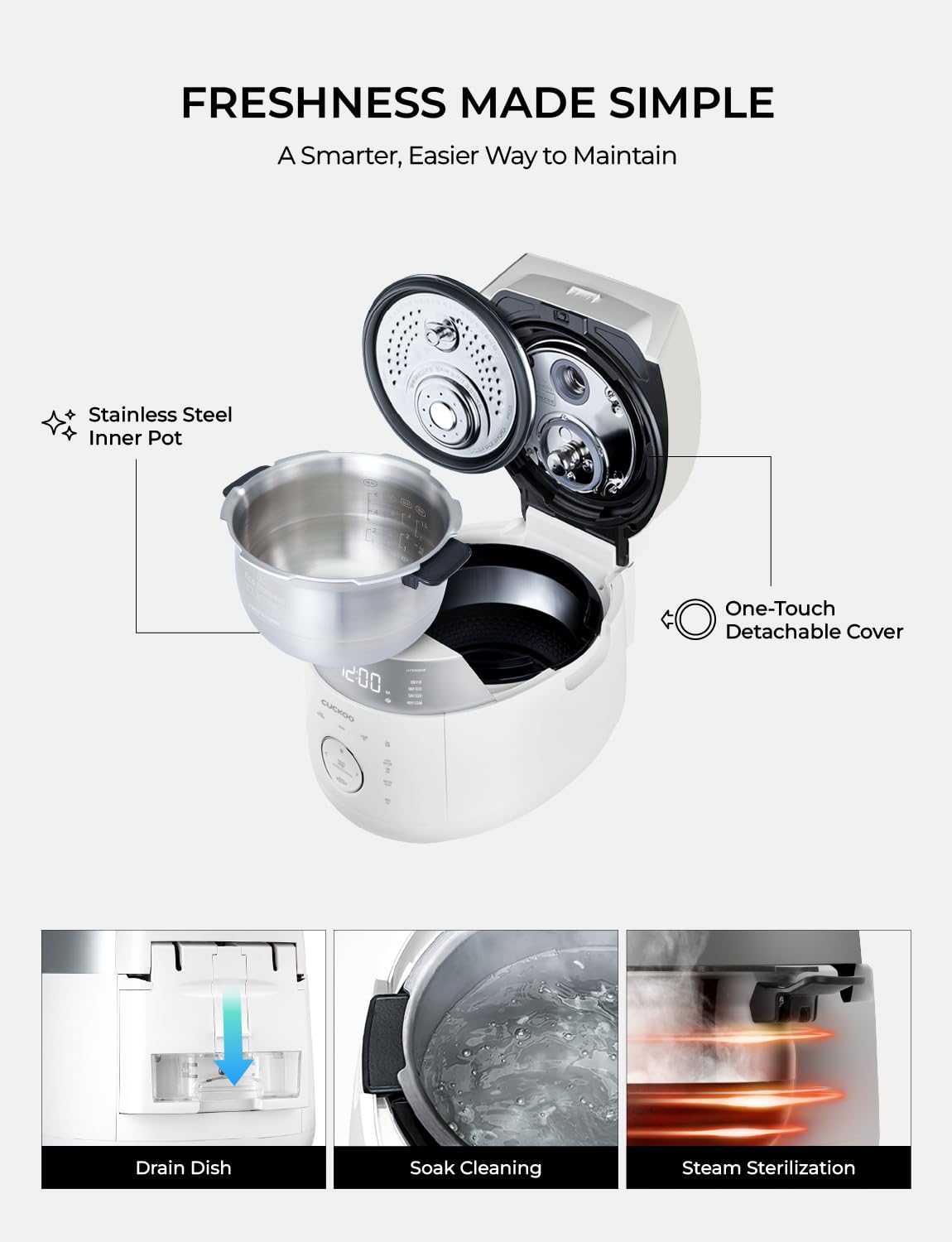 CUCKOO Twin Pressure Rice Cooker 6-Cup Uncooked / 12-Cup Cooked with Induction Heating Technology, 19 Menu Modes with Voice Guide, Full Stainless Steel Inner Pot, White (CRP-LHTAR0609FW) - Image 10