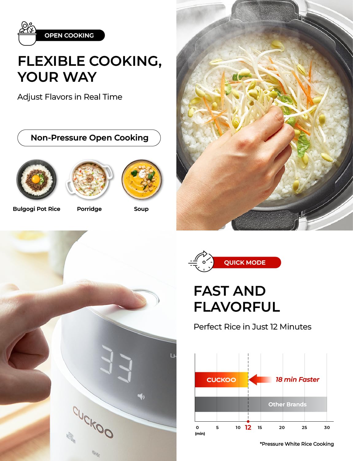 CUCKOO Twin Pressure Rice Cooker 6-Cup Uncooked / 12-Cup Cooked with Induction Heating Technology, 19 Menu Modes with Voice Guide, Full Stainless Steel Inner Pot, White (CRP-LHTAR0609FW) - Image 8