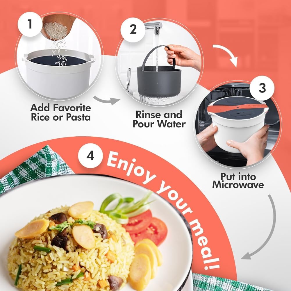 Microwave Rice Cooker Steamer, Microwave Pasta Cooker with Strainer, 2 L Microwave Cookware Set for Rice, Pasta, Vegetables, Quinoa, Oatmeal, Ramen Non stick (orange) - Image 5