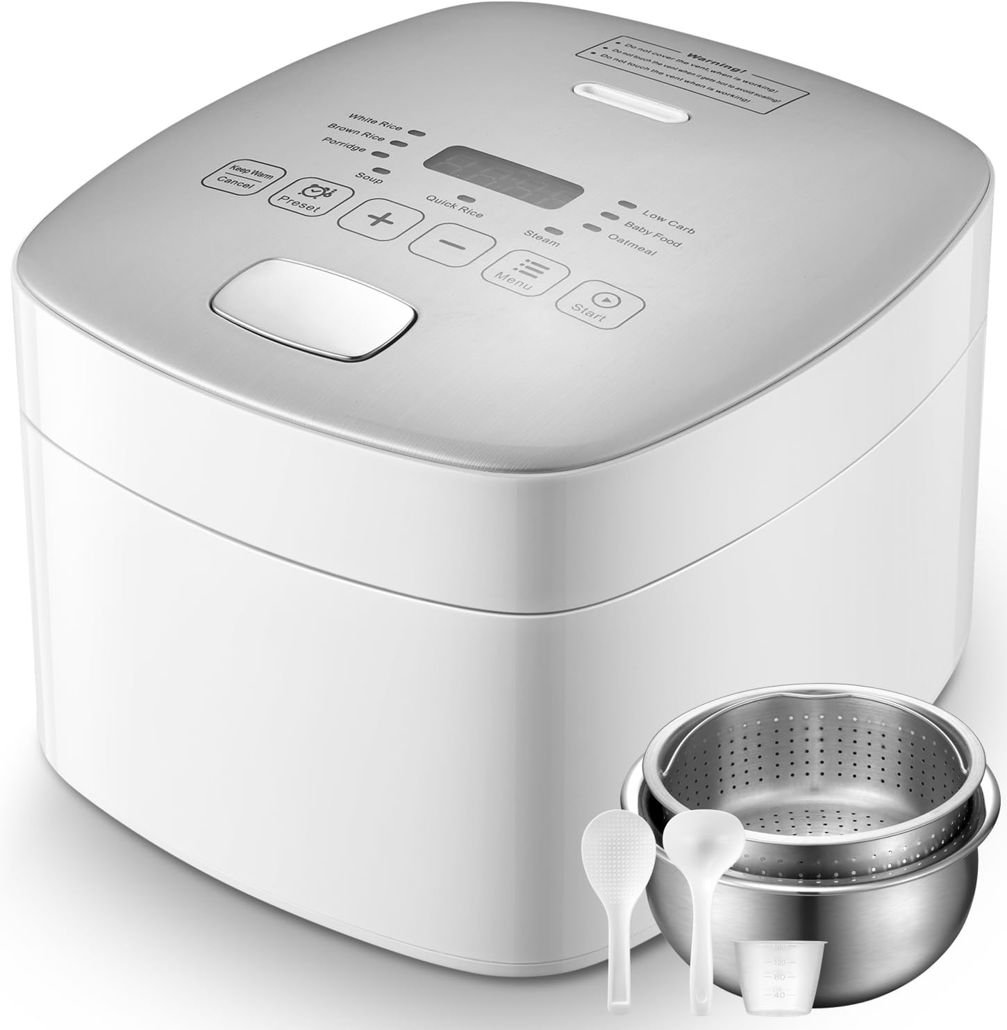 Novaspark Low Carb Rice Cooker Stainless Steel Inner Pot, Mini Stainless Steel Rice Cooker Small 5 Cup, LED Display Low Sugar Rice Maker, 24H Timer and Auto Keep Warm, White Rice-Porridge - 1