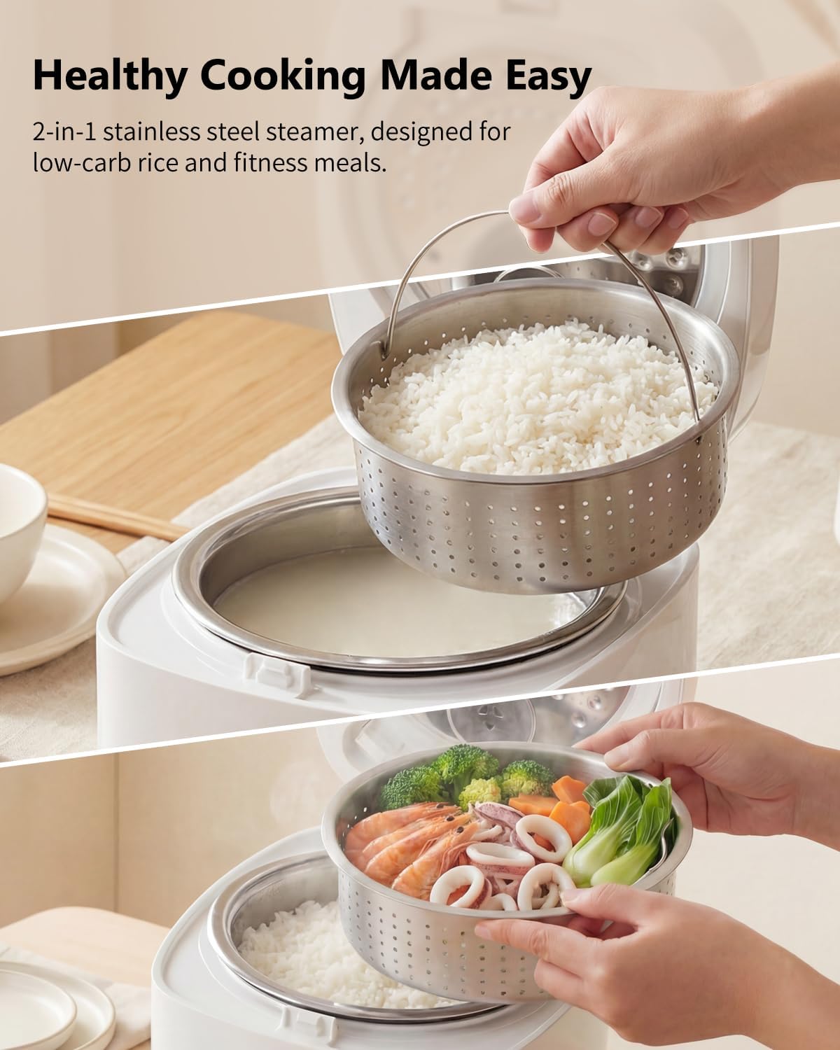Novaspark Low Carb Rice Cooker Stainless Steel Inner Pot, Mini Stainless Steel Rice Cooker Small 5 Cup, LED Display Low Sugar Rice Maker, 24H Timer and Auto Keep Warm, White Rice/Porridge/Oatmeal - Image 2
