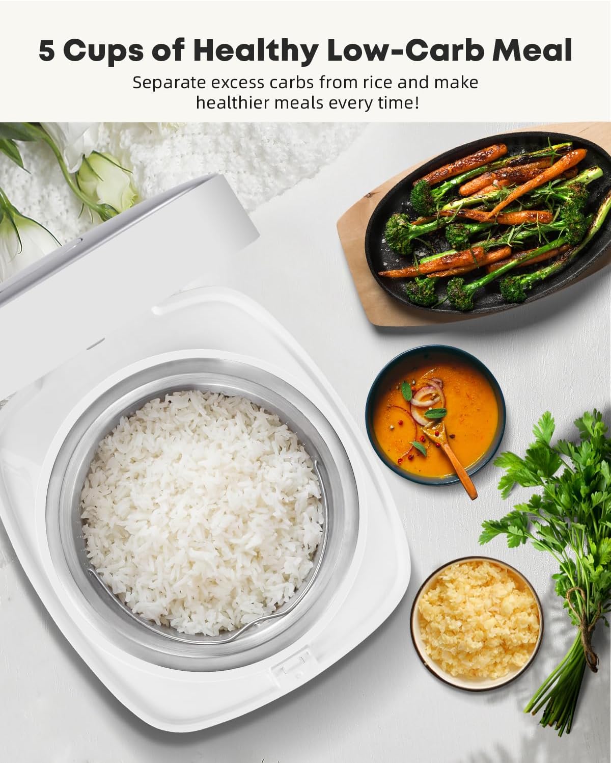 Novaspark Low Carb Rice Cooker Stainless Steel Inner Pot, Mini Stainless Steel Rice Cooker Small 5 Cup, LED Display Low Sugar Rice Maker, 24H Timer and Auto Keep Warm, White Rice/Porridge/Oatmeal - Image 5