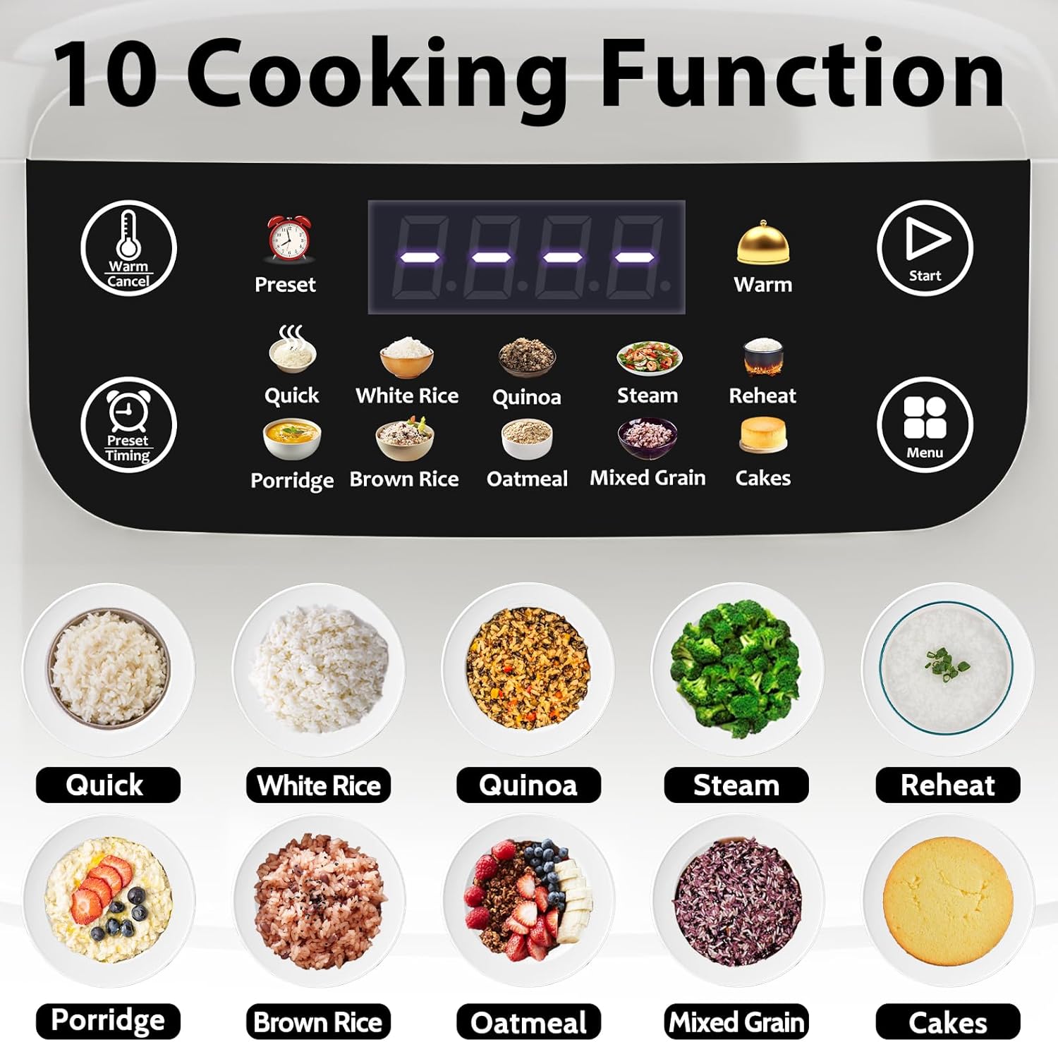 Portable Digital Rice Cooker, 6-Cup (Uncooked)/12-Cup (Cooked) Small Rice Maker with Steaming Basket, Mini Rice Cooker with 2L Removable Nonstick Inner Pot, 10 Menu Options, Auto Keep Warm, 24 Hour Delay Timer, White - Image 3