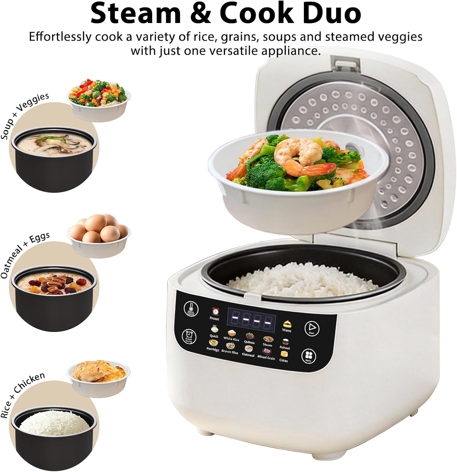 Portable Digital Rice Cooker, 6-Cup (Uncooked)/12-Cup (Cooked) Small Rice Maker with Steaming Basket, Mini Rice Cooker with 2L Removable Nonstick Inner Pot, 10 Menu Options, Auto Keep Warm, 24 Hour Delay Timer, White - Image 5