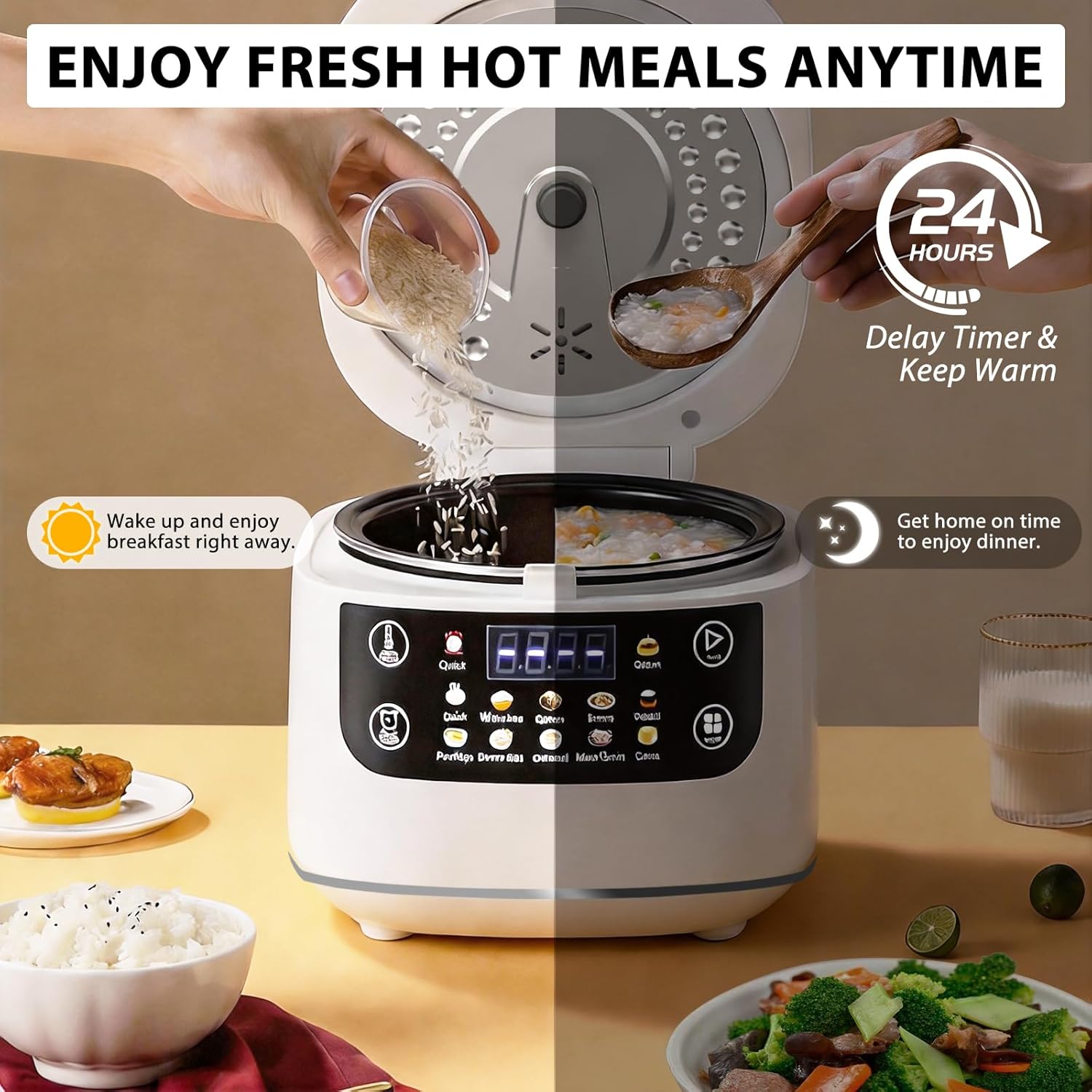 Portable Digital Rice Cooker, 6-Cup (Uncooked)/12-Cup (Cooked) Small Rice Maker with Steaming Basket, Mini Rice Cooker with 2L Removable Nonstick Inner Pot, 10 Menu Options, Auto Keep Warm, 24 Hour Delay Timer, White - Image 7
