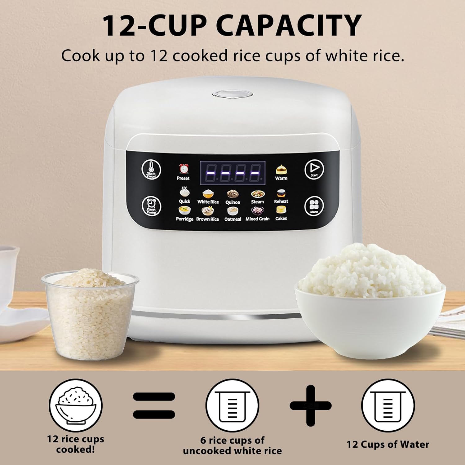 Portable Digital Rice Cooker, 6-Cup (Uncooked)/12-Cup (Cooked) Small Rice Maker with Steaming Basket, Mini Rice Cooker with 2L Removable Nonstick Inner Pot, 10 Menu Options, Auto Keep Warm, 24 Hour Delay Timer, White - Image 8
