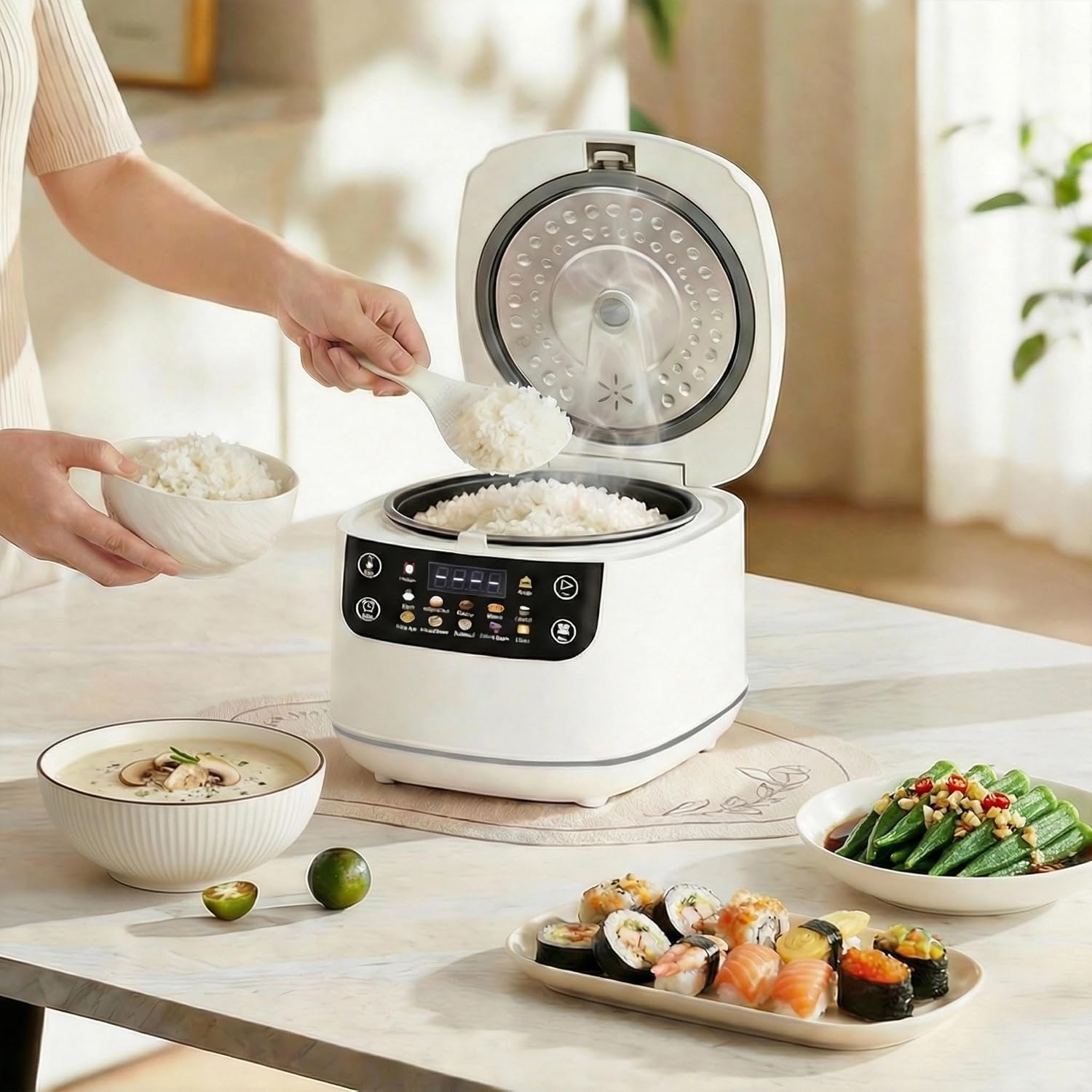 Portable Digital Rice Cooker, 6-Cup (Uncooked)/12-Cup (Cooked) Small Rice Maker with Steaming Basket, Mini Rice Cooker with 2L Removable Nonstick Inner Pot, 10 Menu Options, Auto Keep Warm, 24 Hour Delay Timer, White - Image 9