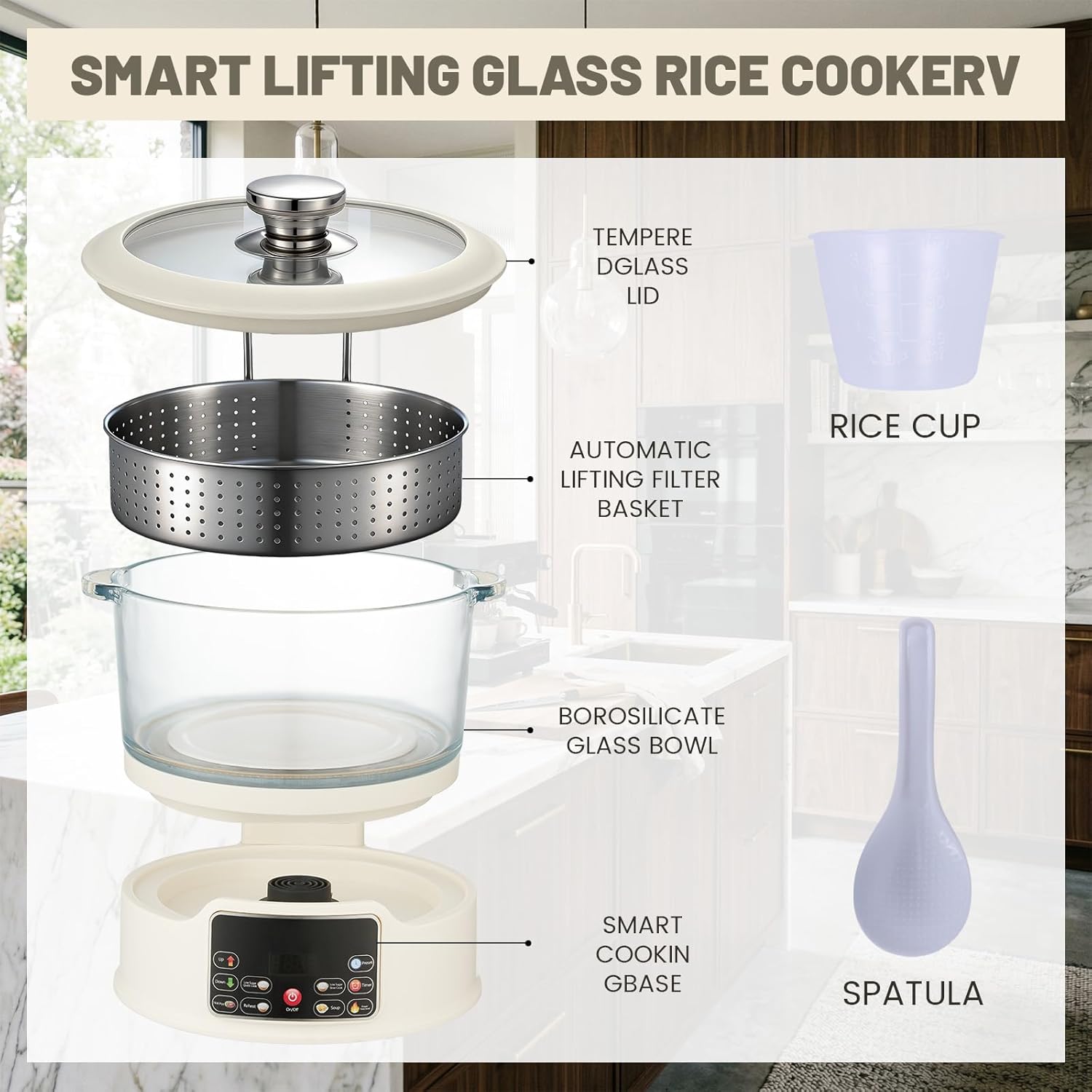 3L Low Carb Rice Cooker,Auto Lift Filter Basket for Low Sugar Rice, 6-Cup Stainless Steel Glass Rice Cooker with Steamer,for Rice, Soup, Oats,Digital Keep Warm (White) - Image 3
