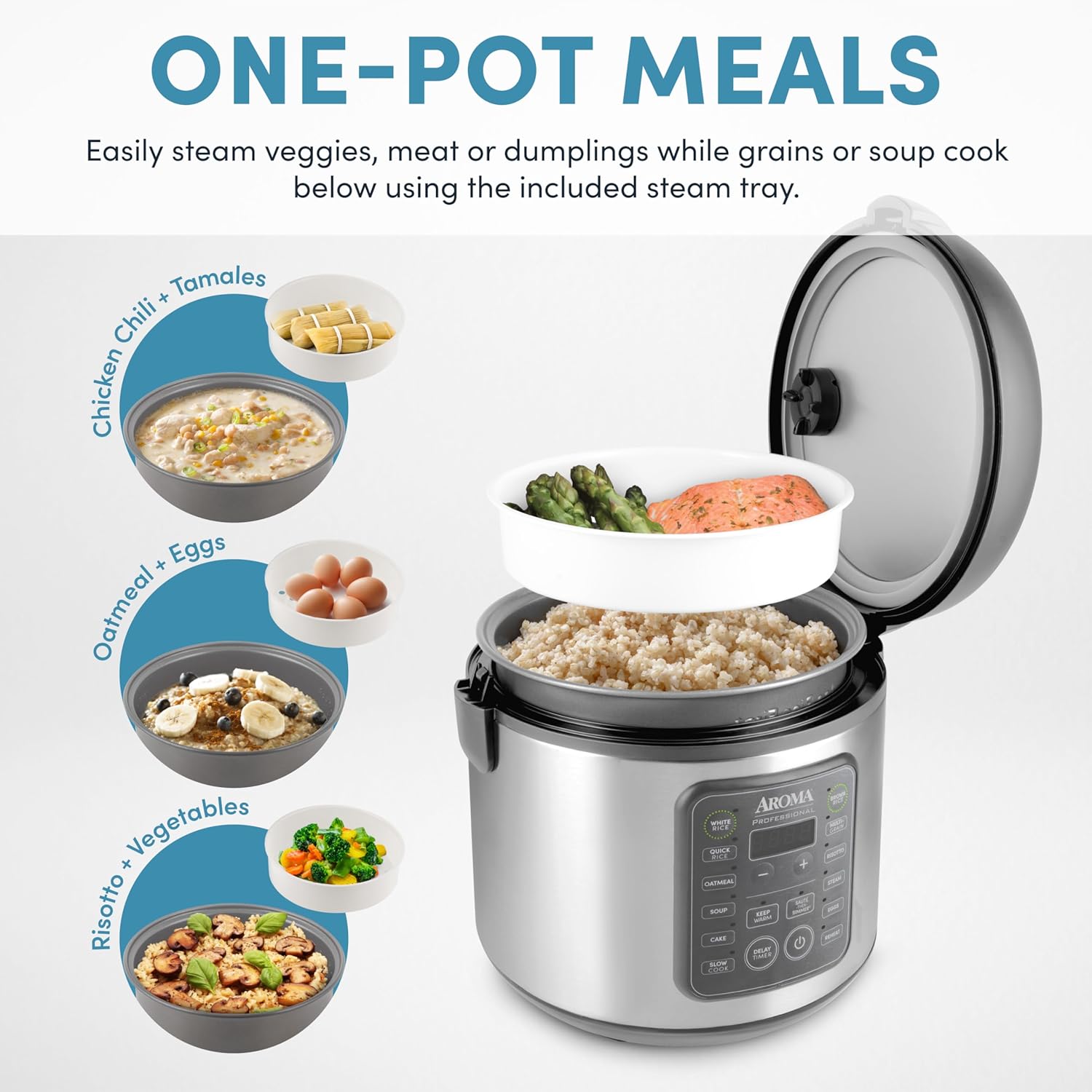 AROMA Professional Digital Rice Cooker, 10-Cup (Uncooked) / 20-Cup (Cooked), Multicooker, Slow Cooker, Steamer, Oatmeal Cooker, Egg Cooker, STS, 5 Qt, Gray, ARC-5200SG - Image 8