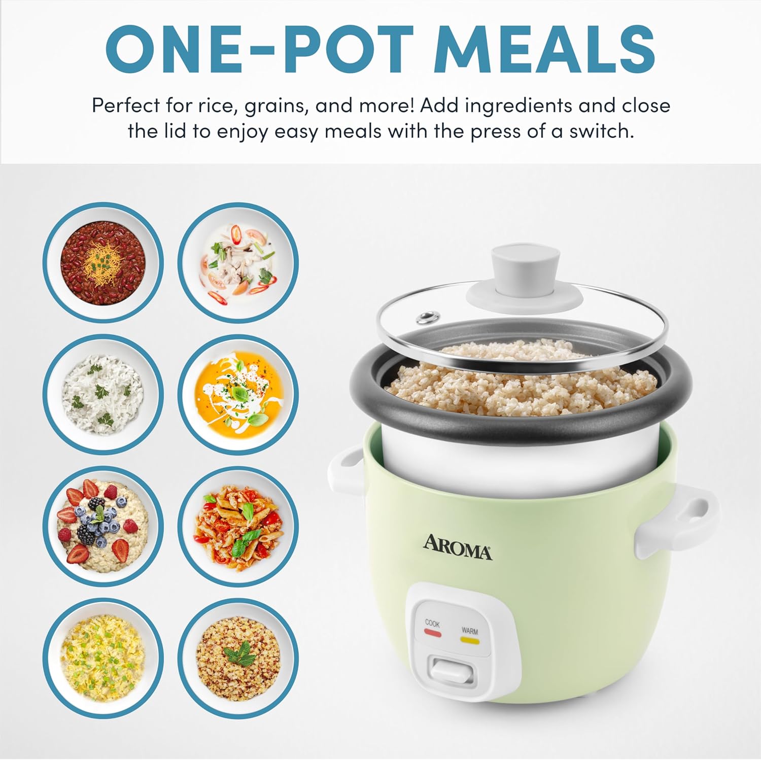 AROMA® Mini Rice Cooker, 2-Cup (Uncooked) / 4-Cup (Cooked), Grain Cooker, Soup Maker, Oatmeal Cooker, Auto Keep Warm, 1 Qt, Light Green - Image 6