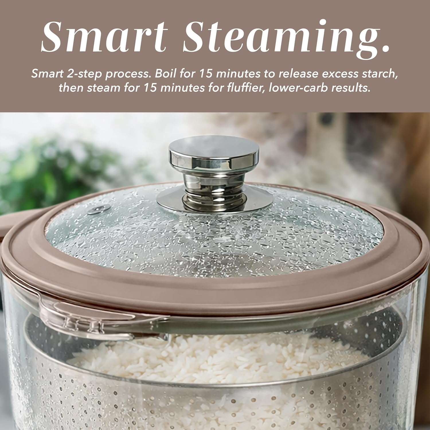 COOK WITH COLOR Glass Mini Low Carb Rice Cooker – Holds 2 Cups Raw/Makes 6 Cups Cooked with Auto Lift Filter Basket, Hotpot & Steamer for Rice, Grains, Digital Panel with Keep Warm, Goat/Mink - Image 5
