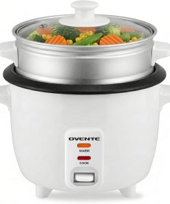 OVENTE Electric Rice Cooker and Food Steamer – 10-Cup Cooked Capacity (5 Cups Uncooked), Nonstick Removable Pot, Keep Warm Function, Steaming Basket, Measuring Cup & Spatula Included, White RCS01W - 1