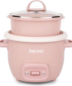 AROMA CoreCoat™ Mini Rice Cooker (3 Cups Cooked) with Nonstick Ceramic Pot Coating, Glass Lid, and Pop-Up Steamer Tray, 0.8 Quart