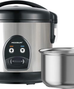 5-Cup Uncooked Rice Cooker, Electric One-Touch for Asian Japanese Sushi, Stainless Steel Inner Pot with Removable Lid & Steamer, Automatic Keep Warm, Silver